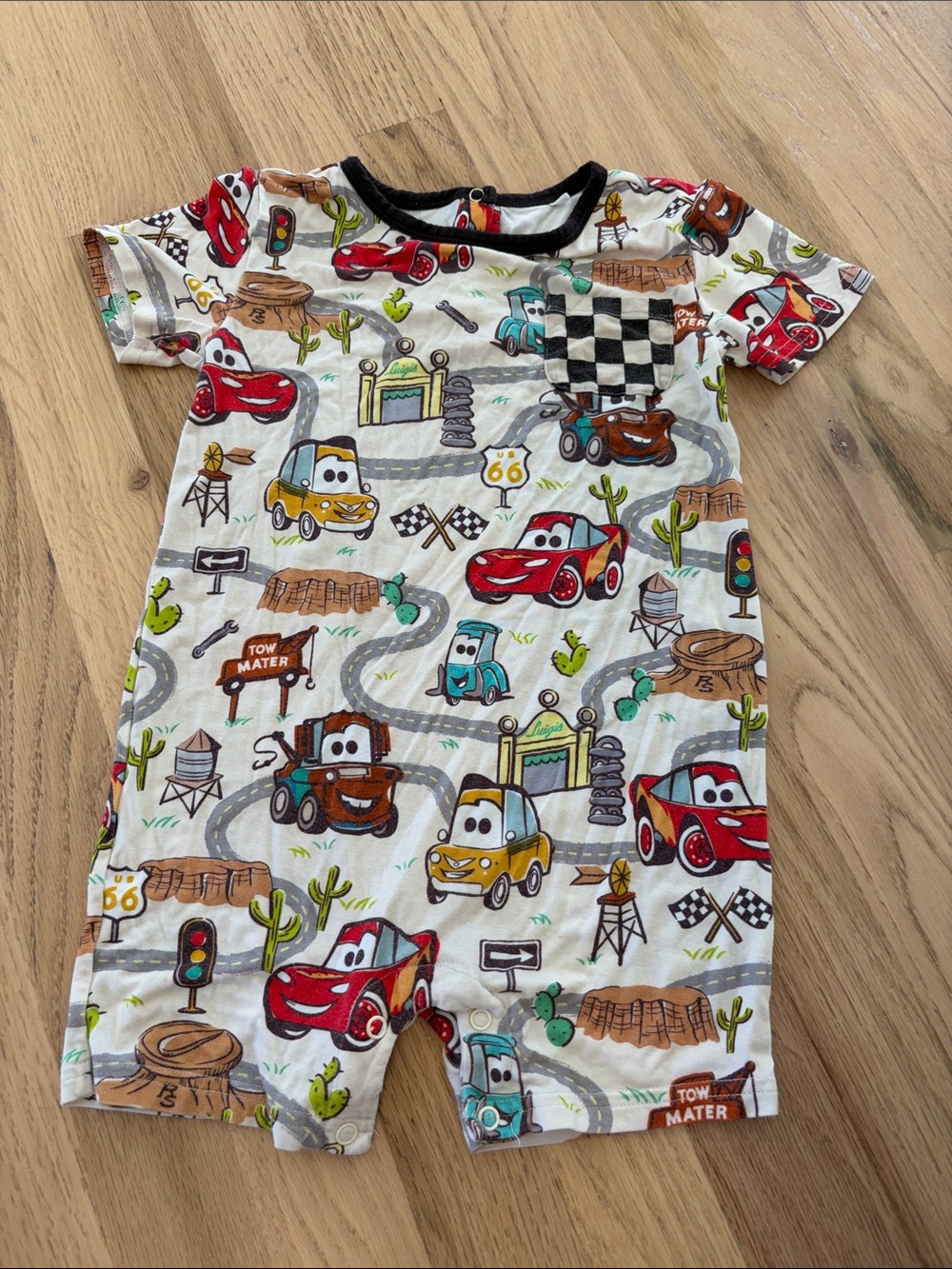 Little Sleepies White Pajama Romper with Red, Yellow, Blue, Brown Car Print